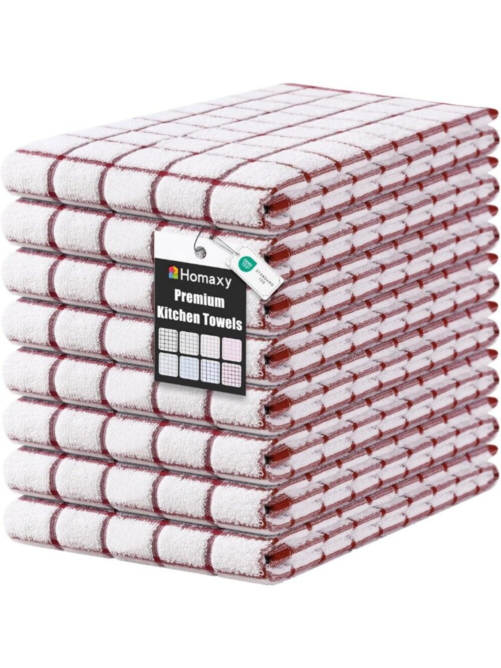 Premium Kitchen Towels Set - 8 Pack, Checkered Design, 16”x28”, Red & White